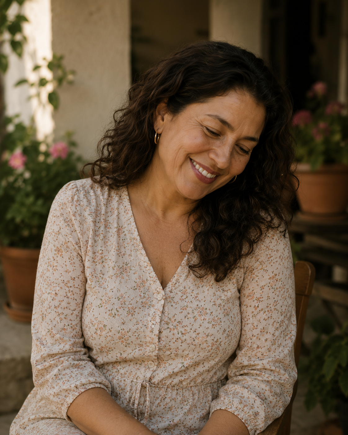 Mujer sonriendo con serenidad